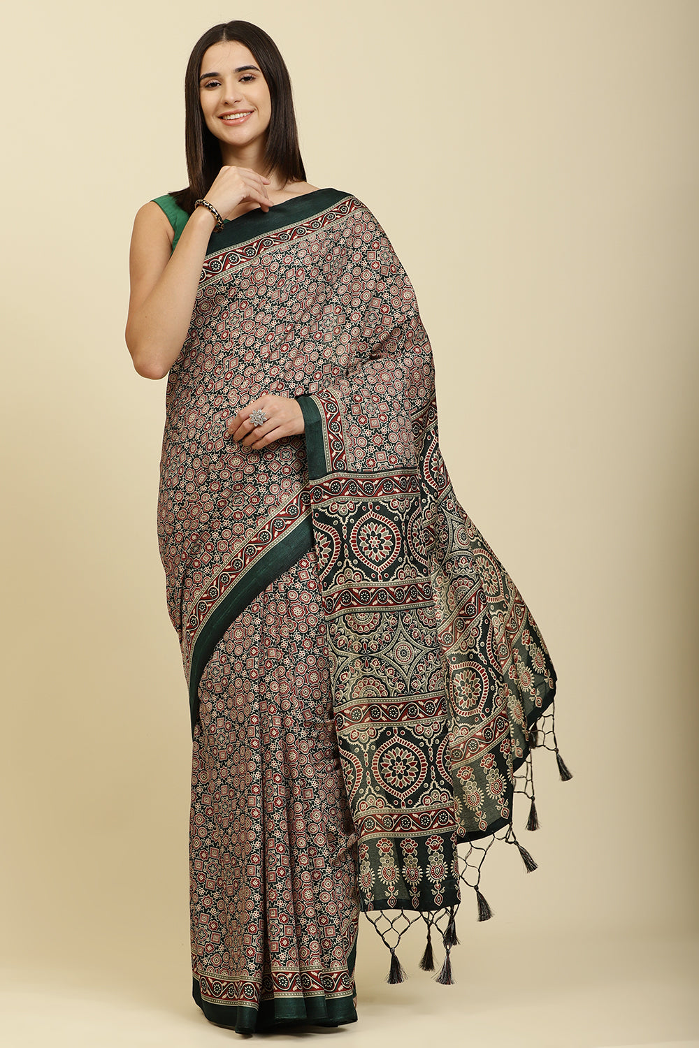 Bottle Green Cotton Silk Ajrakh Block Printed Saree