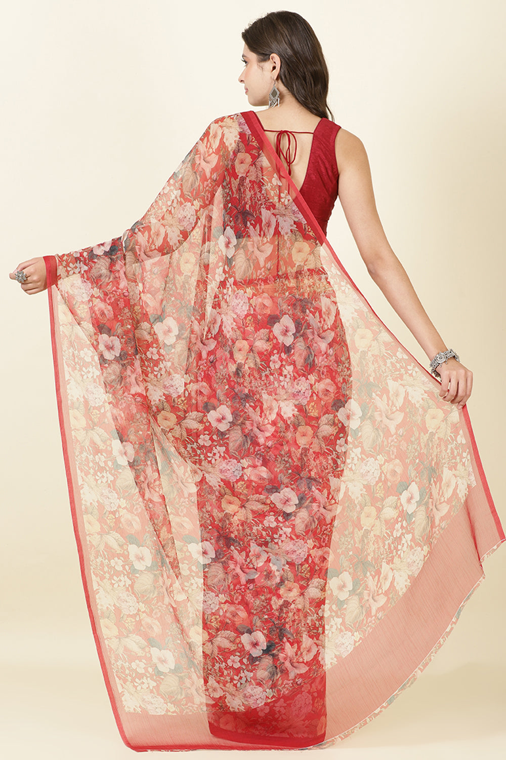 Red Floral Printed Chiffon Saree