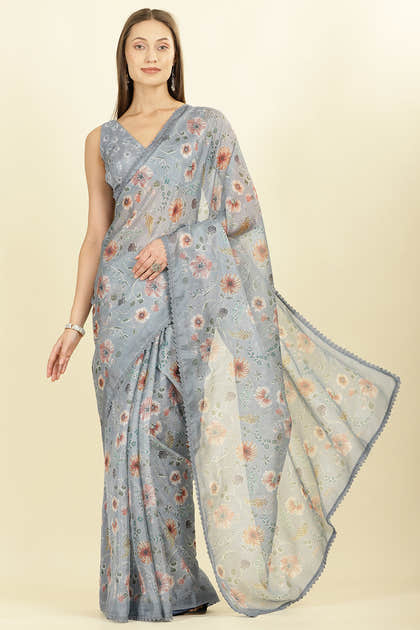 Grey Organza Floral Printed And Lace Work Saree