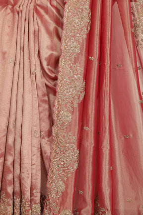 Rani Copper Color Pure Tissue Handloom Saree with Sequence & Zardozi Handwork