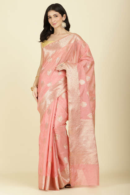 Peach Cotton Zari Woven Saree
