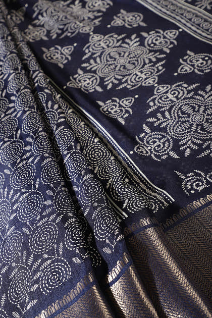 Navy Colour Printed & Woven Cotton Silk Saree