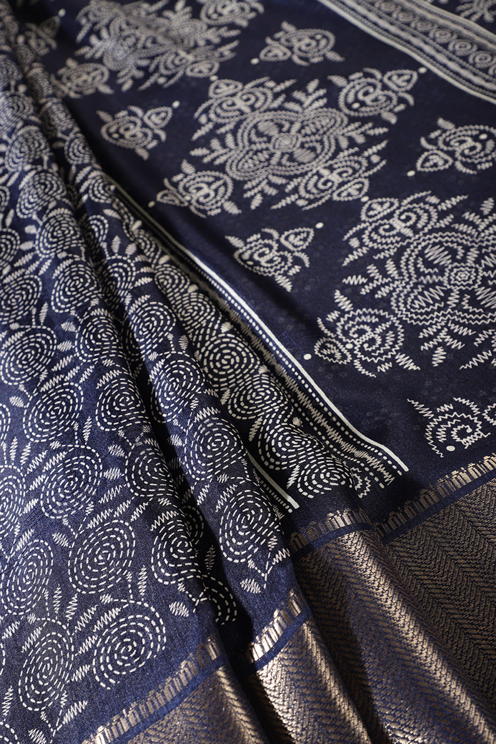 Navy Colour Printed & Woven Cotton Silk Saree