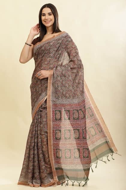 Green Cotton Silk Floral Boota Printed Saree
