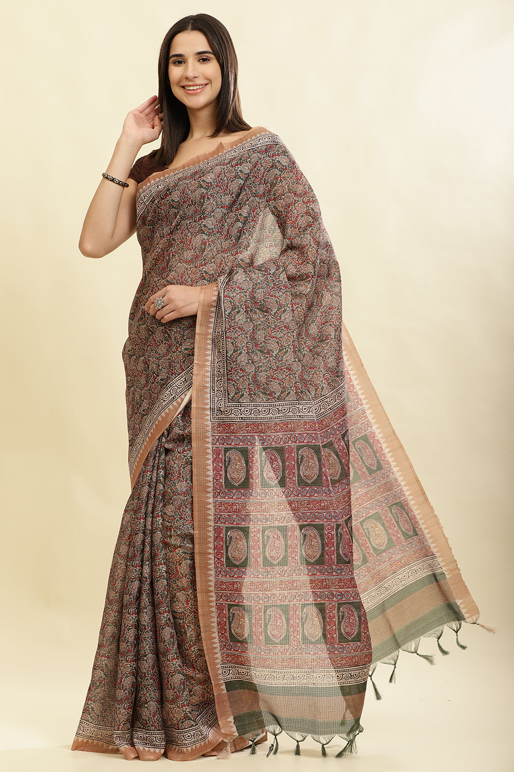 Green Cotton Silk Floral Boota Printed Saree