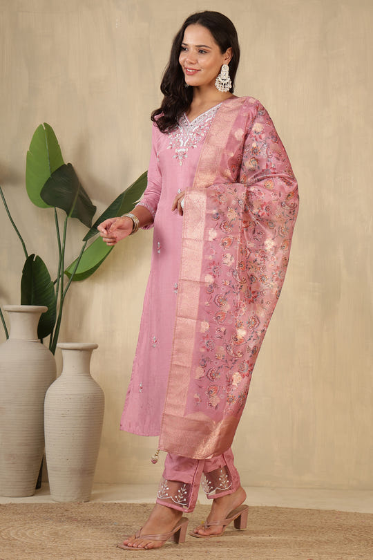 Pink Neck Embroidered Silk Suit