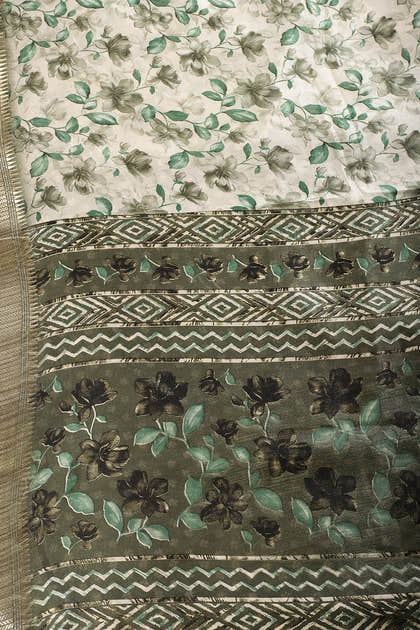 Green & Cream Colour Floral Printed Cotton Silk Saree