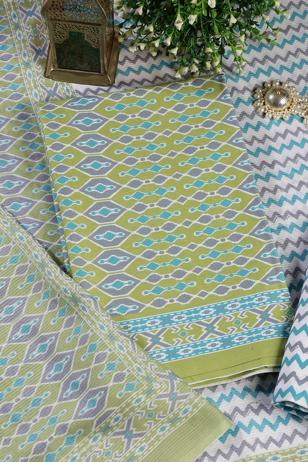 Green Malmal Cotton Printed Unstitched Suit Material