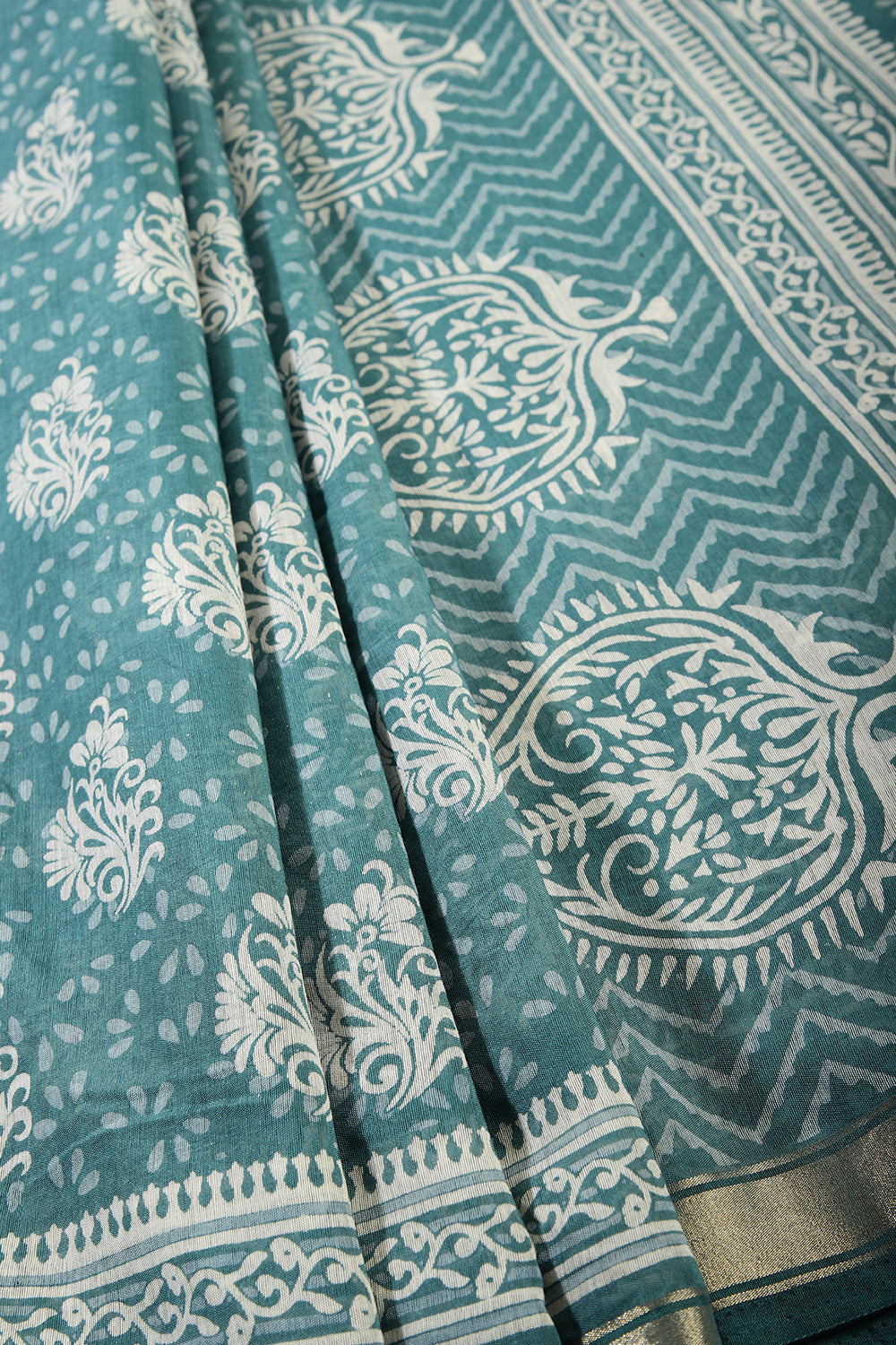 Teal Colour Cotton Printed Saree