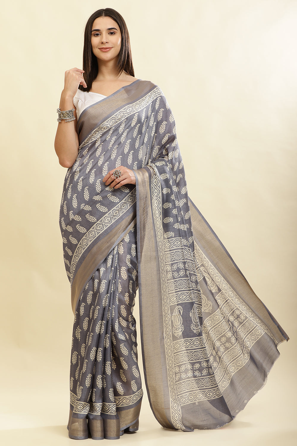 Grey Color Cotton Silk Boota Printed And Zari Woven Saree
