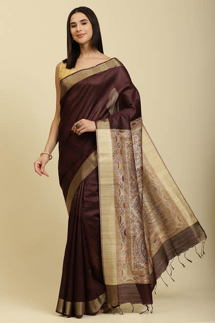 Wine Color Cotton Silk Madhubani Print Saree
