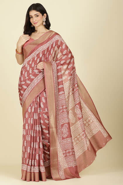 Light Maroon Cotton Silk Boota Printed And Zari Woven Saree