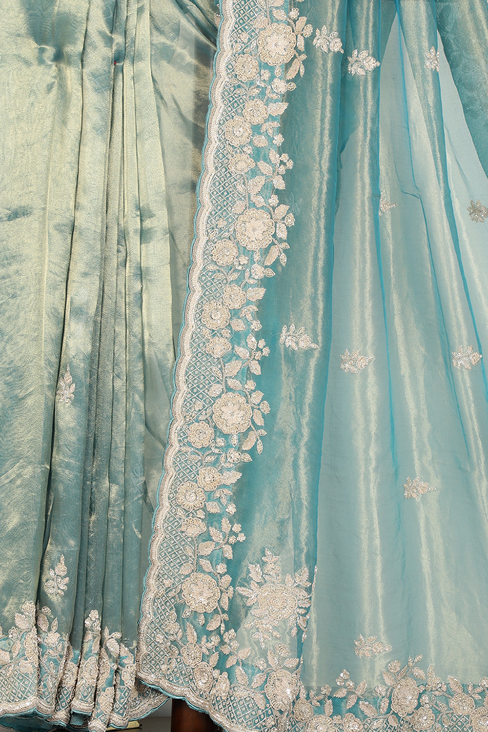 Firozi Color Pure Tissue Silk Saree with Pearl and Zardozi Handwork