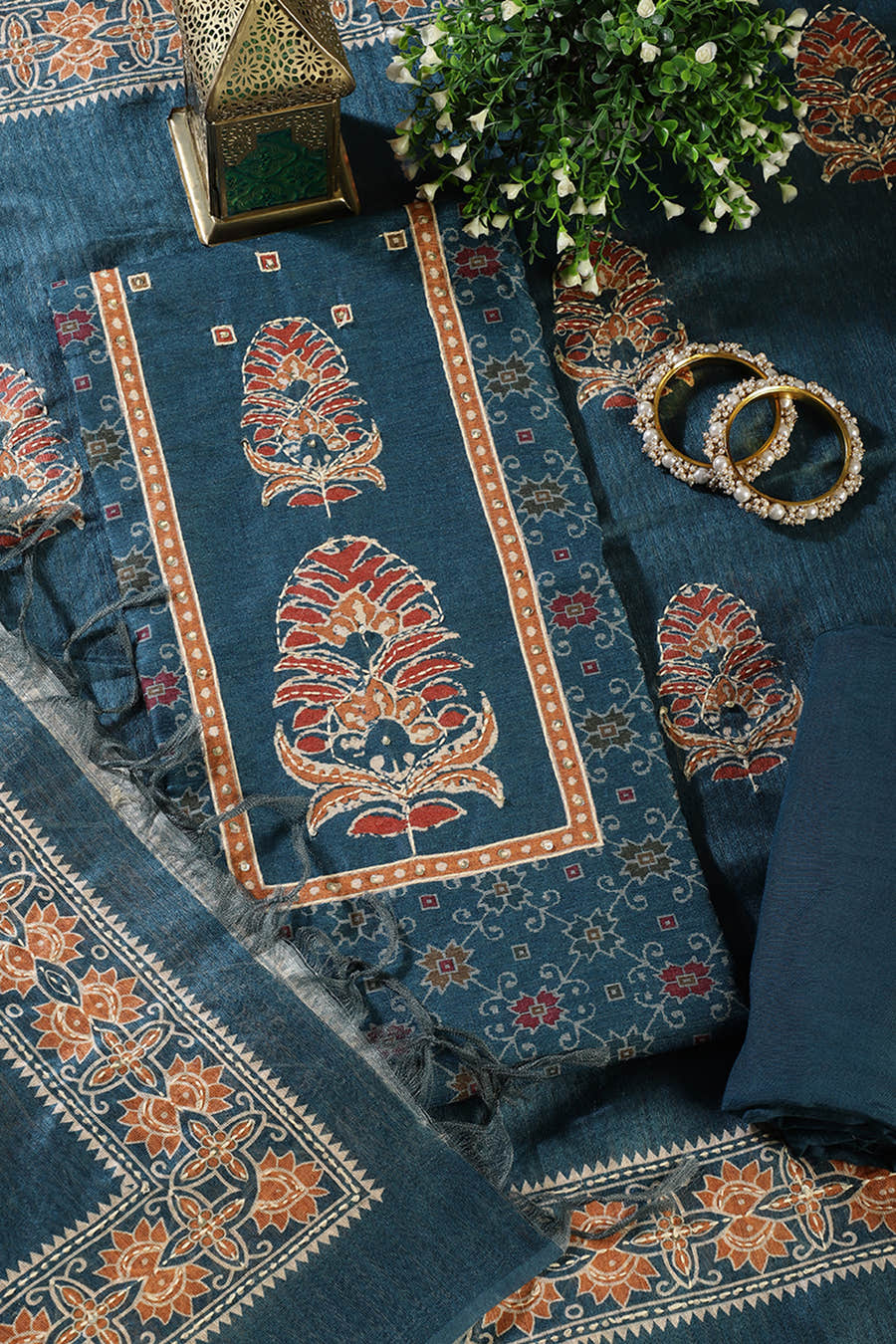 Blue Tussar Silk Printed Unstitched Suit Material