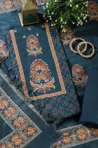 Blue Tussar Silk Printed Unstitched Suit Material