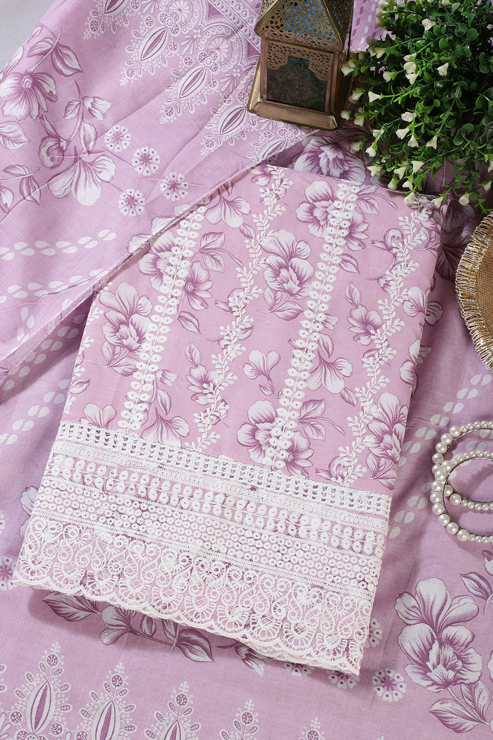 Pink Cotton Floral Printed And Resham Embroidered Unstitched Suit Material