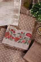 Tan Tussar Cotton Printed And Floral Embroidered Unstiched Suit Material
