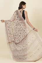 White & Brown Georgette Floral Printed Saree