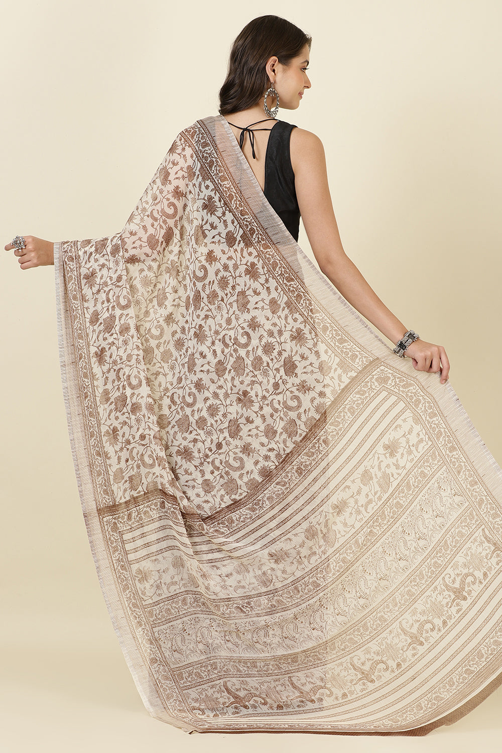 White & Brown Georgette Floral Printed Saree