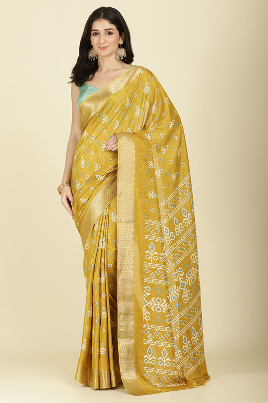 Mustard Cotton Silk Printed And Zari Woven Saree