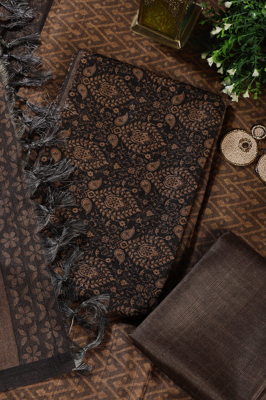 Mustard And Black Digital Printed Chanderi Cotton Unstiched Suit Material