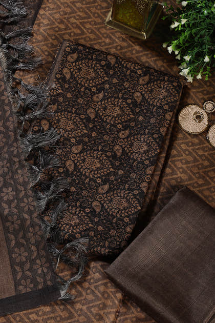 Mustard And Black Digital Printed Chanderi Cotton Unstiched Suit Material
