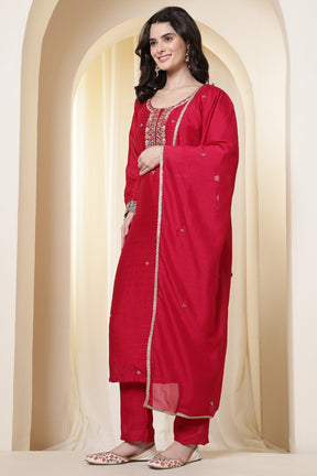 Rani Chinone Silk Neck-Embroidered Suit Set