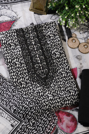 Black & White Rayon Cotton Printed & Neck Embroidered Unstitched Suit