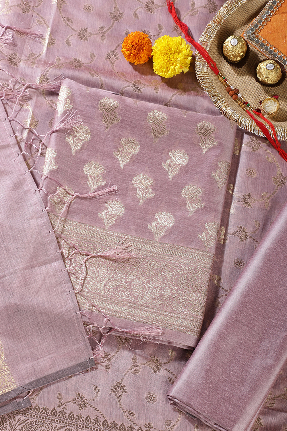 Mauve Silk Zari Woven Unstitched Suit Material