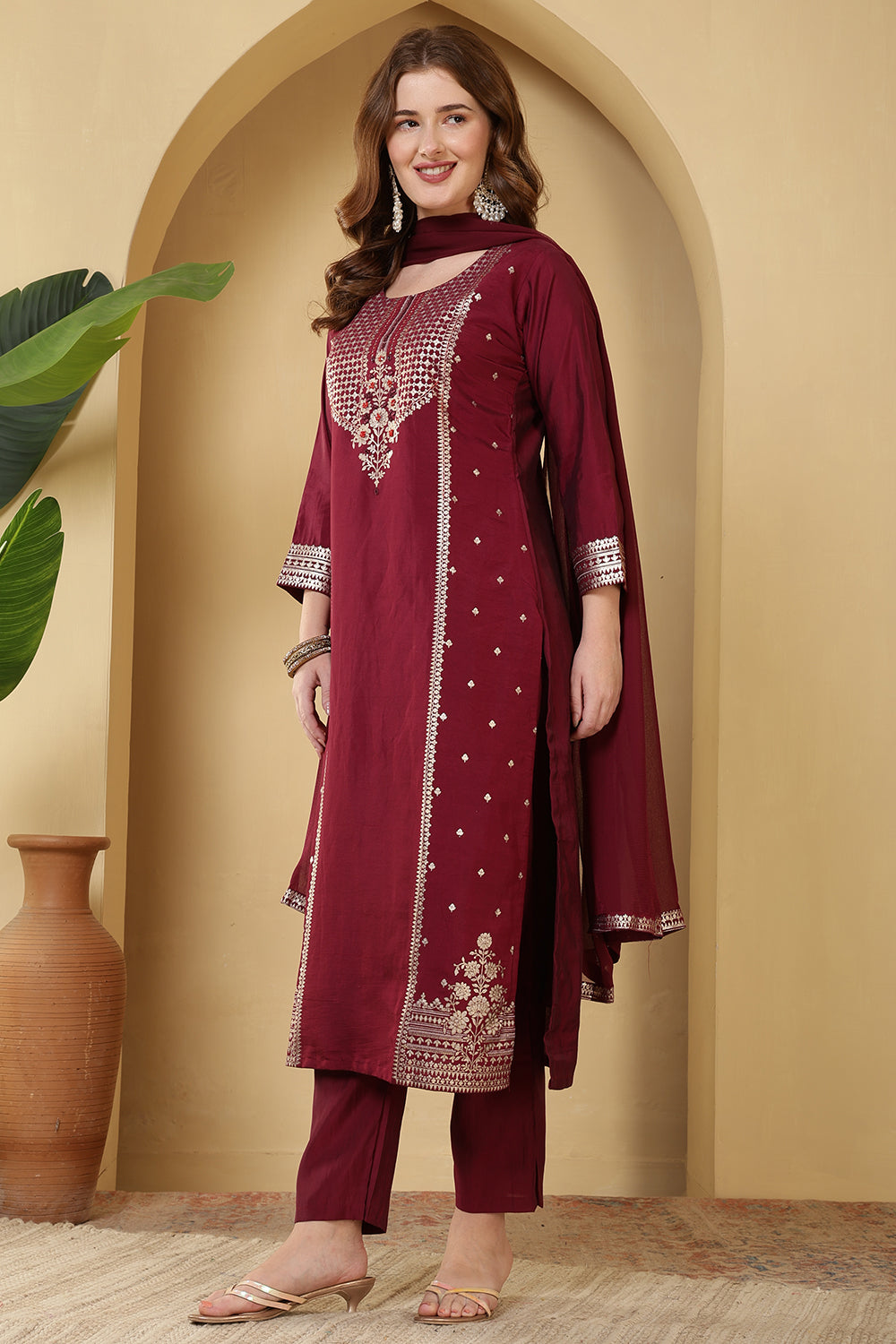 Burgundy Color Cotton Silk Printed & Neck Embroidered Suit