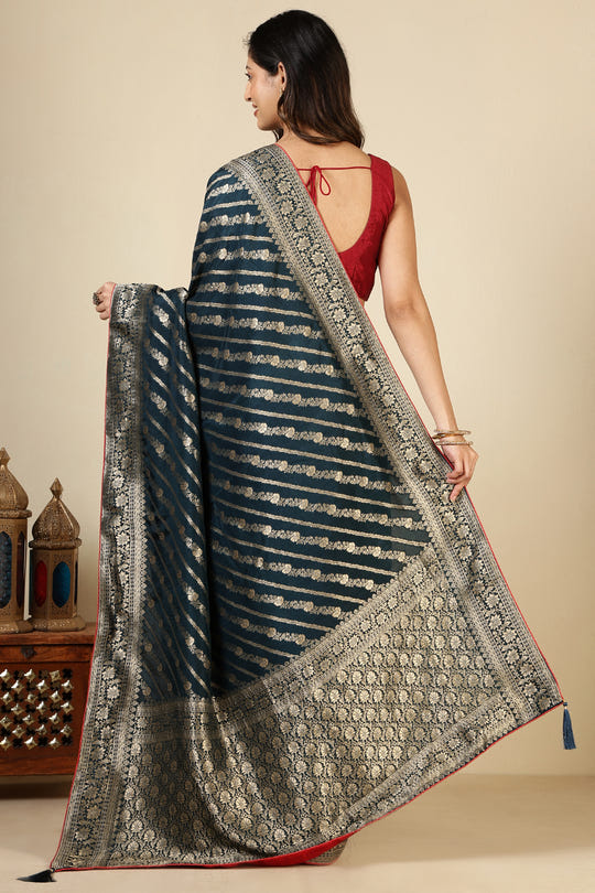 Navy Banarasi Woven Tussar Silk Saree