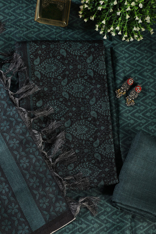 Mint Green And Black Digital Printed Chanderi Cotton Unstiched Suit Material