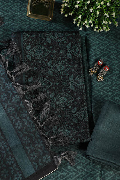 Mint Green And Black Digital Printed Chanderi Cotton Unstiched Suit Material
