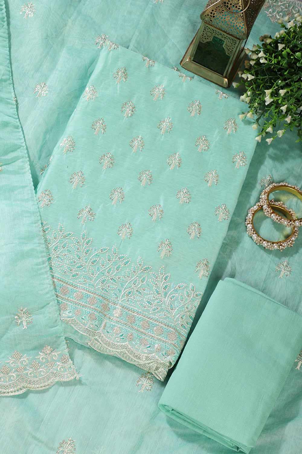 Mint Green Chanderi Silk Embroidered Unstitched Suit Material