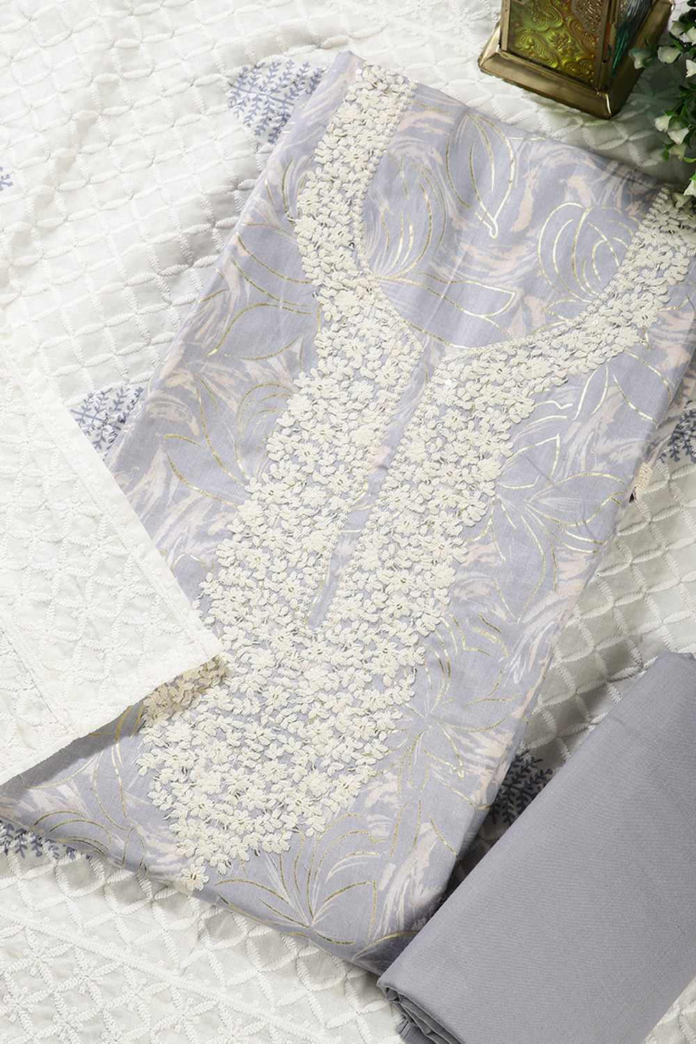 Grey Colour Cotton Printed & Resham Neck Embroidered Unstitched Suit
