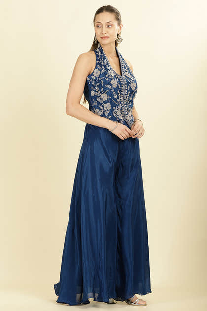 Blue Crepe Silk Emboridered Crop-Top With Palazzo Indo-Western Co-ord Set
