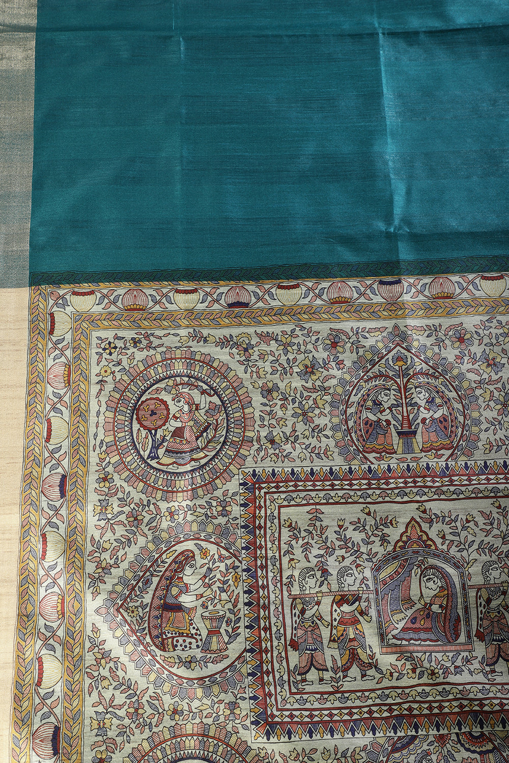Teal Green Cotton Silk Madhubani Print Saree