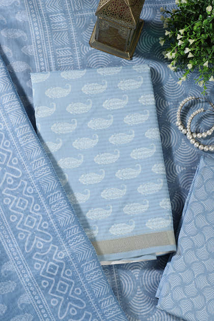 Light Blue Cotton Boota Block Print Unstitched Suit Fabric
