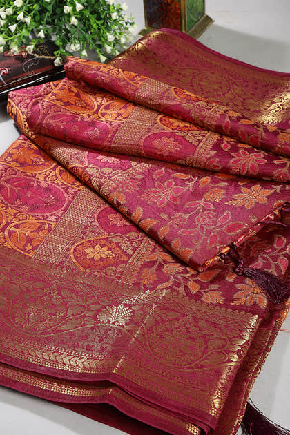 Burgundy Color Tussar Woven Silk Saree