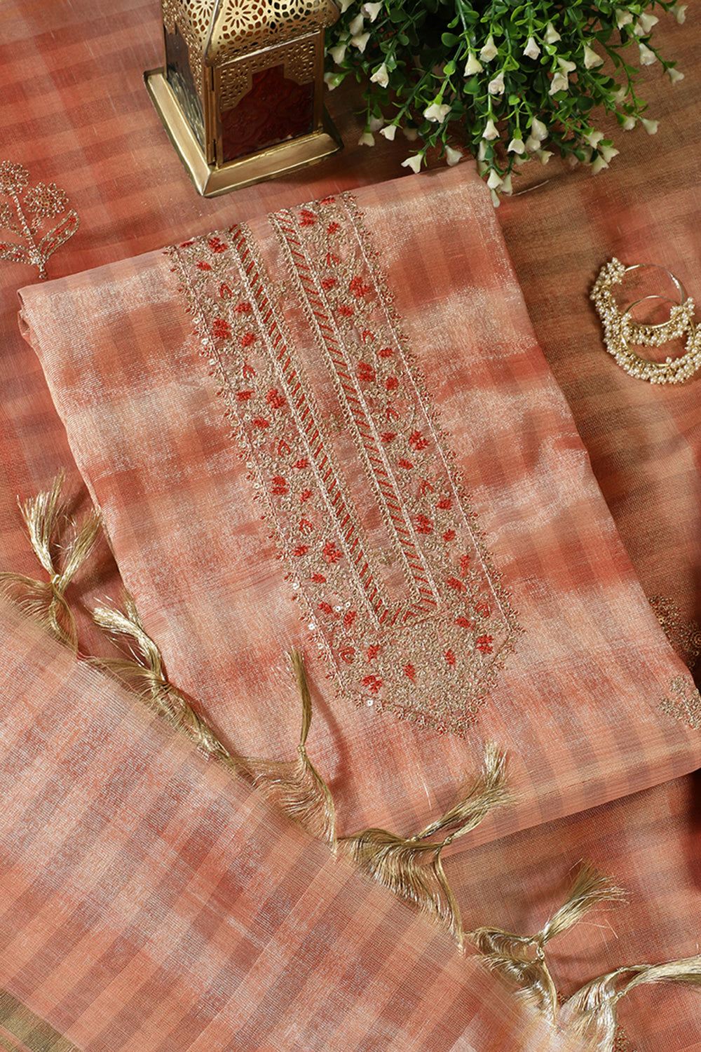 Peach Tissue Silk Zari And Resham Embroidered Unstitched Suit Material