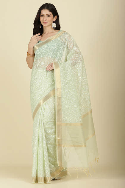 Pista Green Kota Cotton Floral Resham Woven Saree
