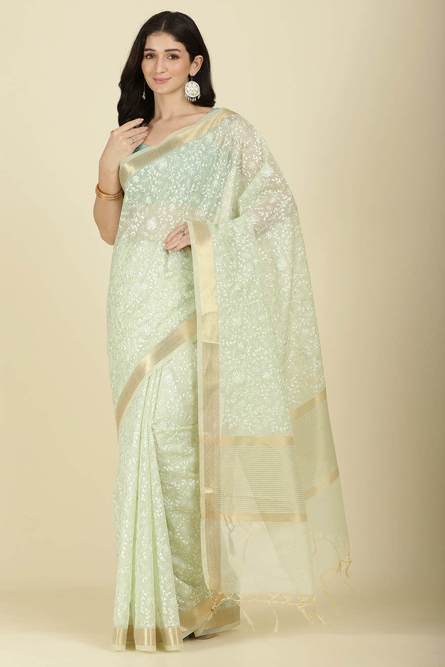 Pista Green Kota Cotton Floral Resham Woven Saree