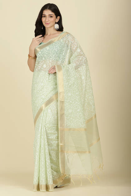 Pista Green Kota Cotton Floral Resham Woven Saree