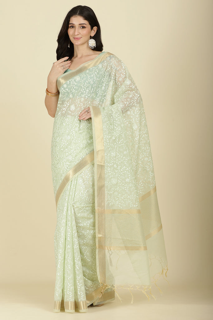 Pista Green Kota Cotton Floral Resham Woven Saree