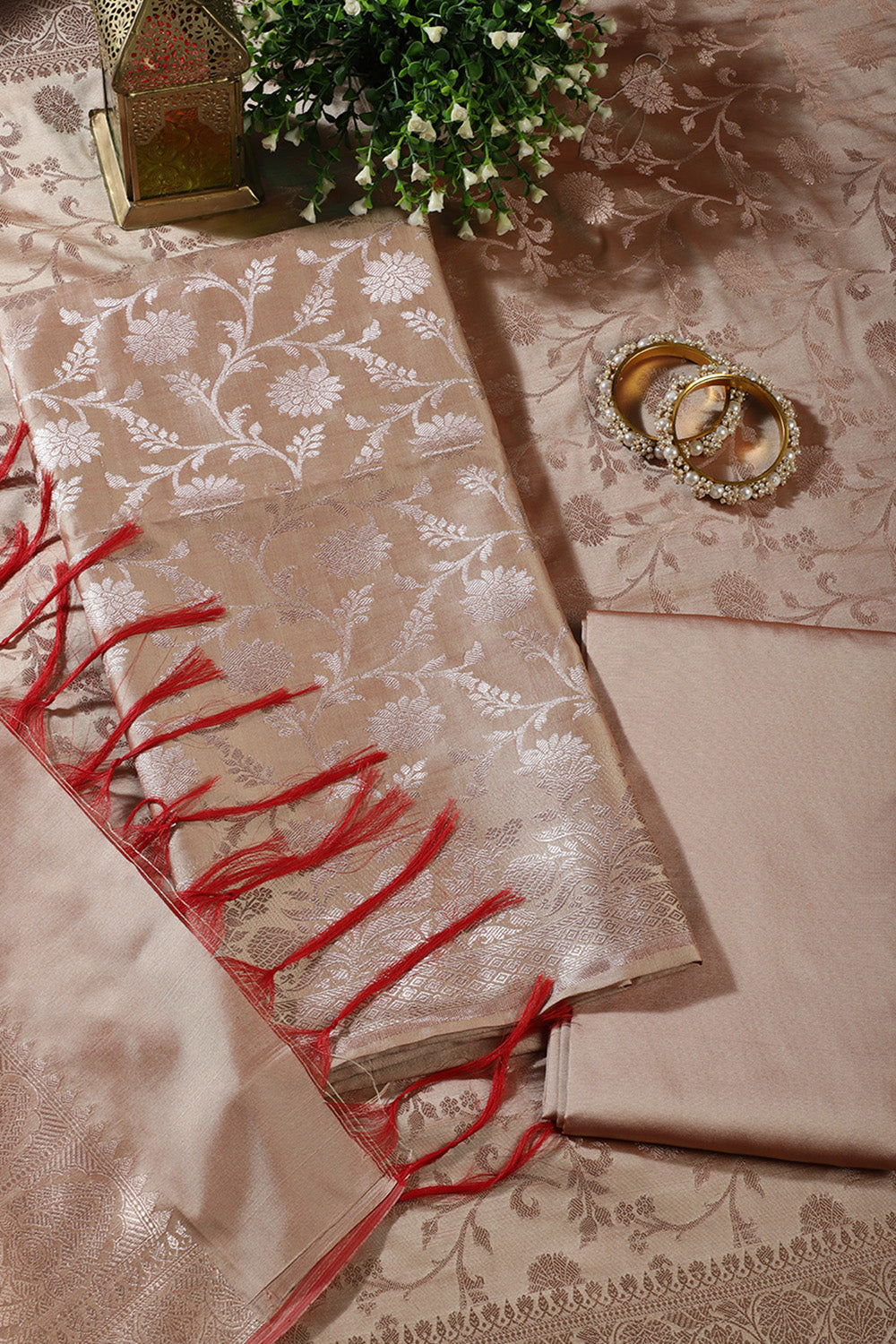 Beige Zari Floral Woven Silk Unstitched Suit Fabric