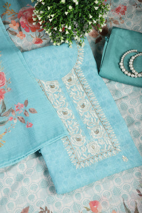 Firozi Color Linen Embroidery Self Print Unstitched Suit Material