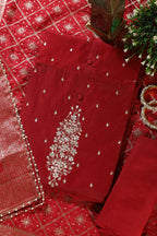 Maroon Chanderi Silk Gota-Patti Embroidered Unstitched Suit Fabric With Banarsi Woven Dupatta