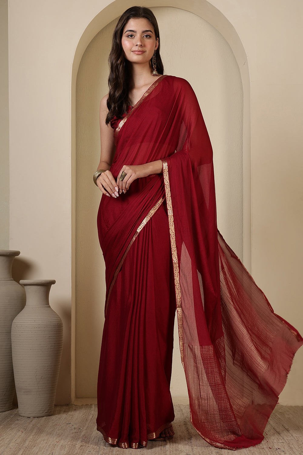 Maroon Chiffon Zari Border Saree