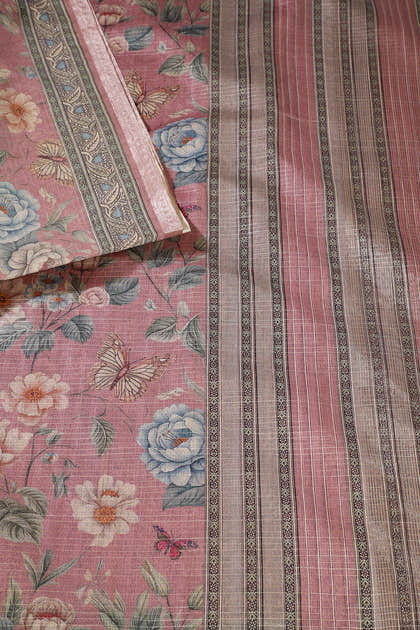 Dusty Pink Floral Printed Metallic Tissue Saree