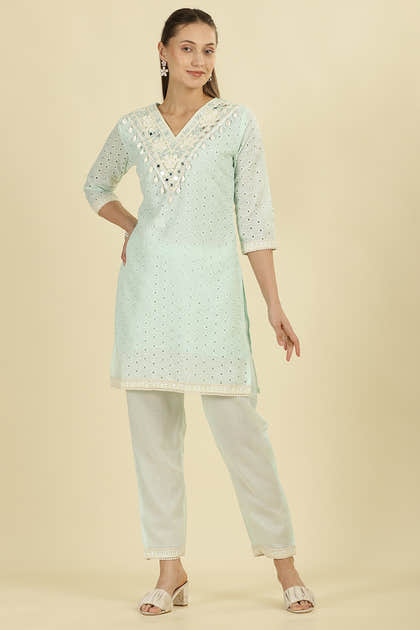 Mint Blue  Cotton Hacoba Style Neck-Embroidered Kurta Set